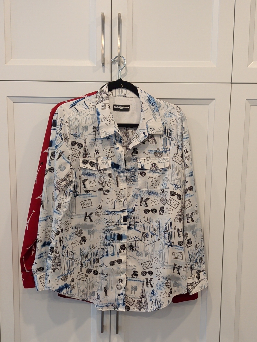 3 BLOUSE Karl Lagerfeld White  Shirt with Blue & Black ,Print Red & Black